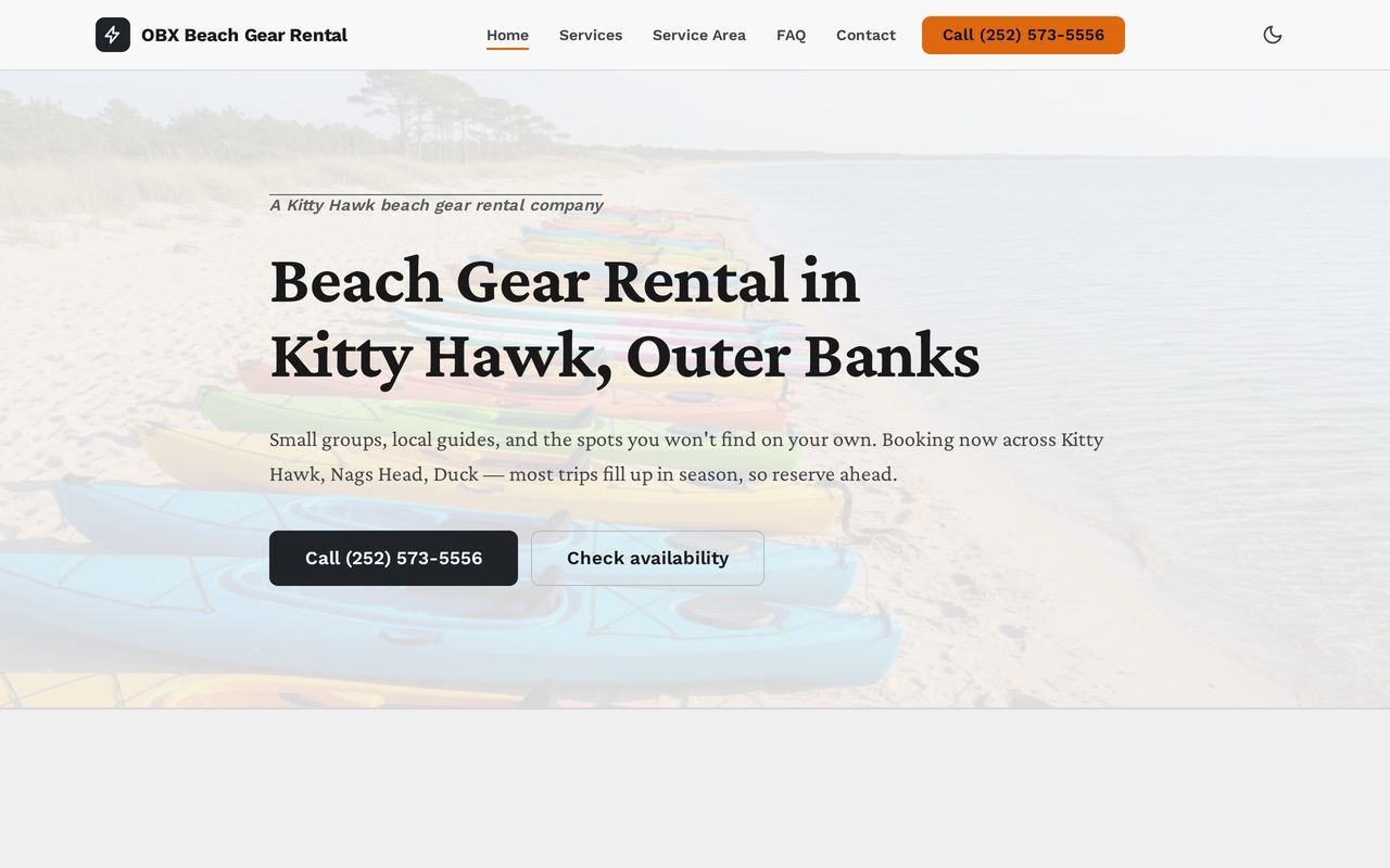 Home page of OBX Beach Gear Rental at obxbeachgearrental.com