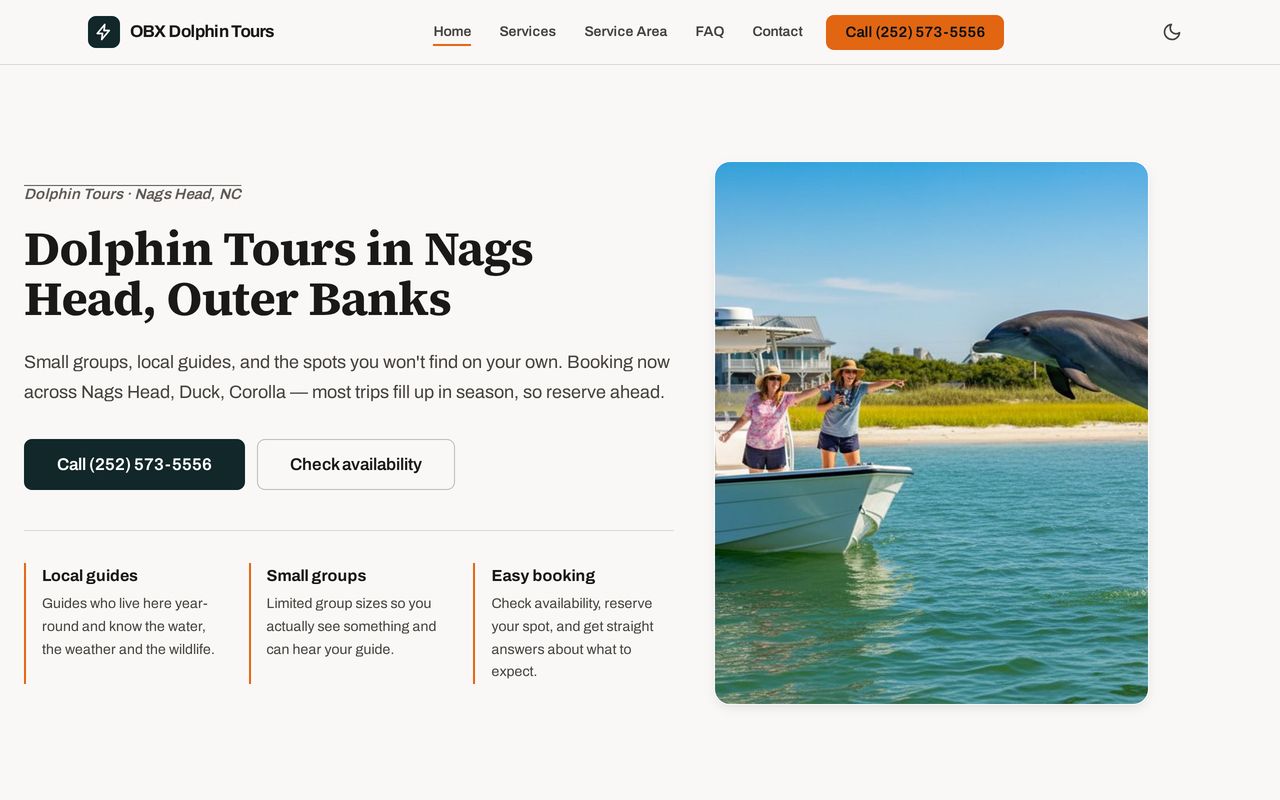 Home page of OBX Dolphin Tours at obxdolphintours.com