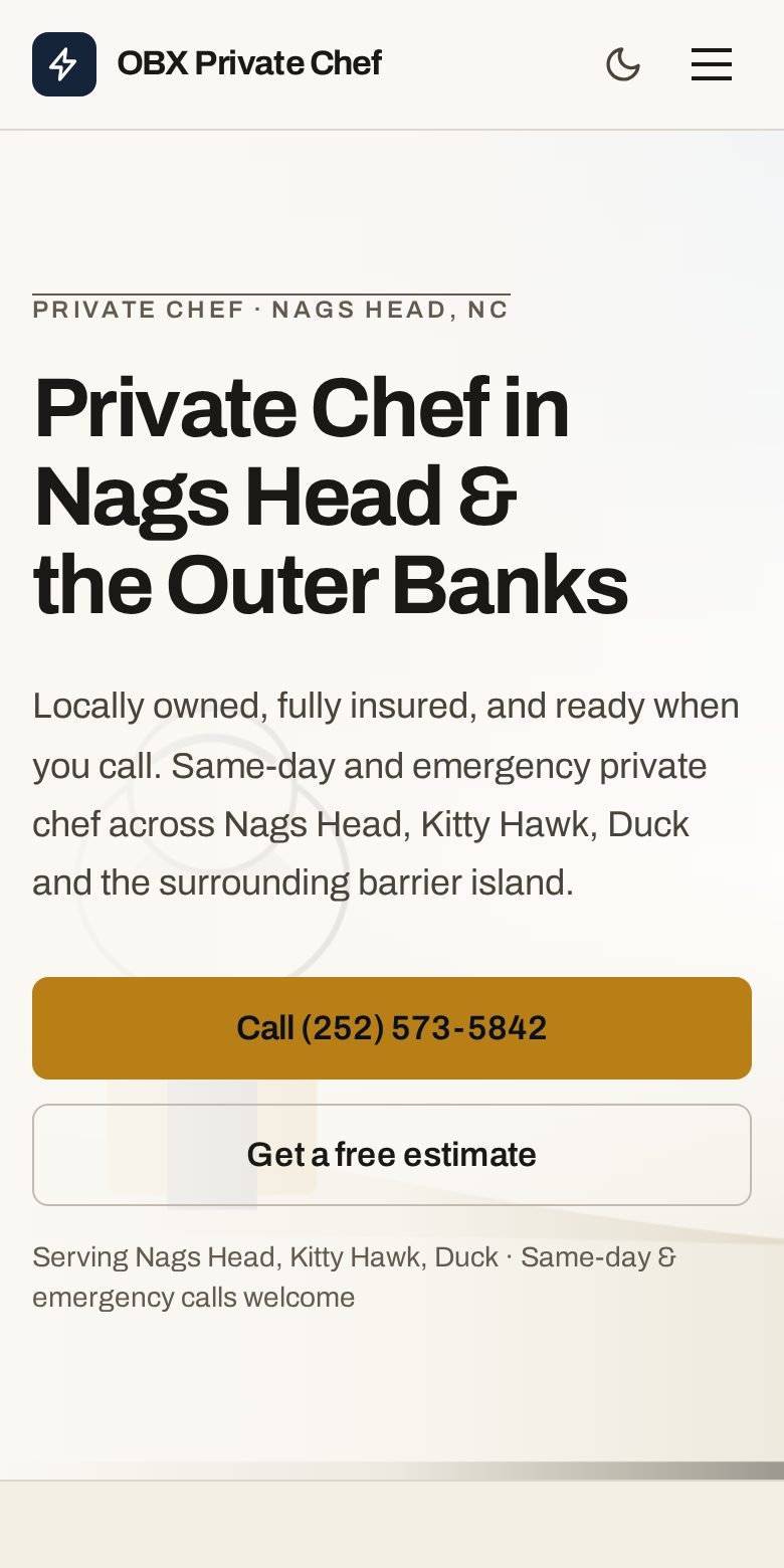 OBX Private Chef on a phone — a live site built by OBX Websites