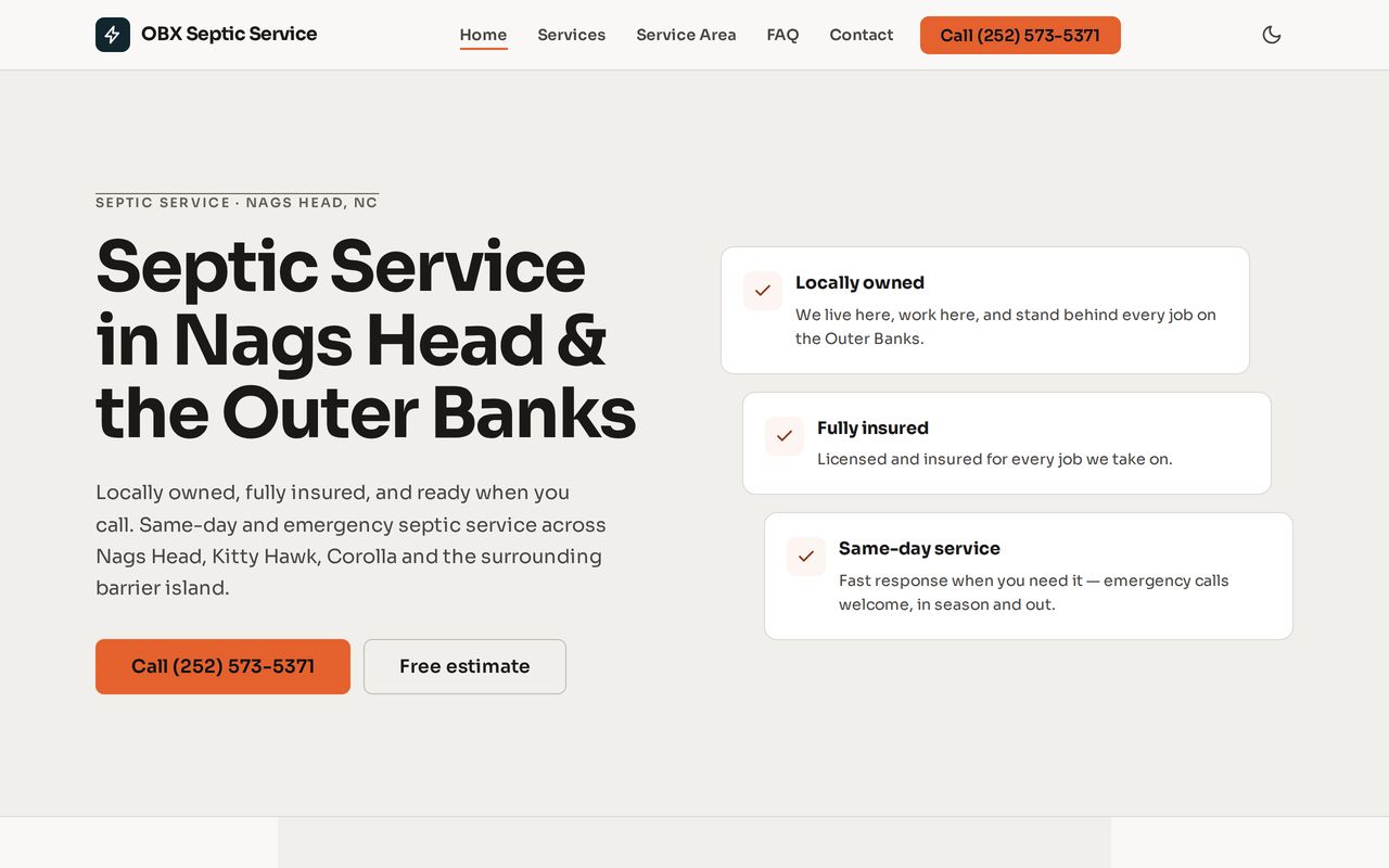 Home page of OBX Septic Service at obxsepticservice.com